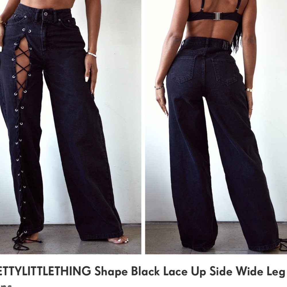 PRETTY LITTLE THING BLACK LACE UP WIDE LEFT JEANS (SHAPE)